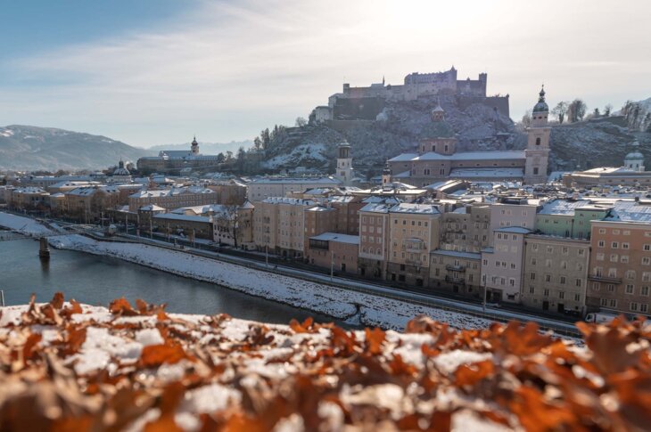 Winterlicher Blick über die Salzach auf Salzburgs Altstadt mit schneebedeckten Dächern und der Festung Hohensalzburg.
