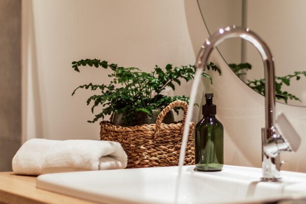 Edles Badezimmer mit Waschbecken, Pflanzenkorb und Spiegel in einem der Zimmer im the salt Hallein.
