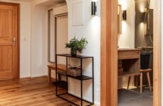 A modern hallway with wooden flooring, a wooden door, a shelf with a plant, and a glimpse into a bathroom with a wooden vanity and stool.