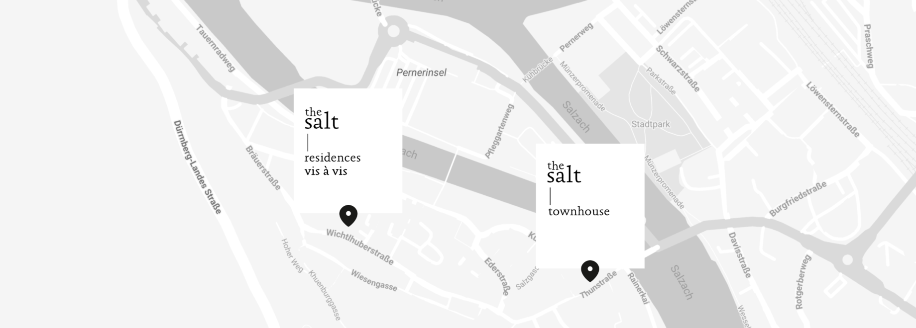 Karte mit Standorten der "the salt" residences, vis à vis und townhouse in Hallein, Österreich.