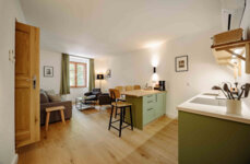 the salt Apartment mit moderner Küche, Holzfußboden und gemütlicher Sitzecke.