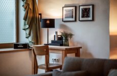 Schreibtisch mit Lampe, Bildern und Pflanzen in einem Hotelzimmer.