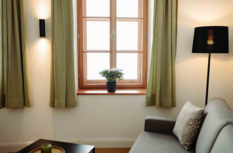 Gemütlicher Wohnzimmerbereich in stilvollem Apartment mit Sofa, Lampe und Fensterpflanze bei The Salt Hallein.