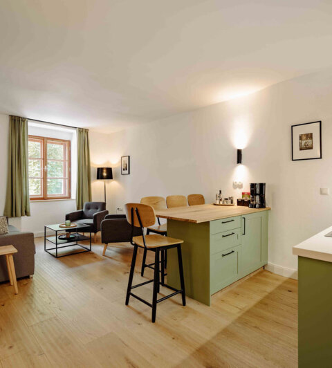 Gemütliches, stilvolles Apartment in Salzburg mit offener Küche, Esstheke, Sofa und Sesseln. Helle Holzböden und große Fenster bieten einladende Atmosphäre.
