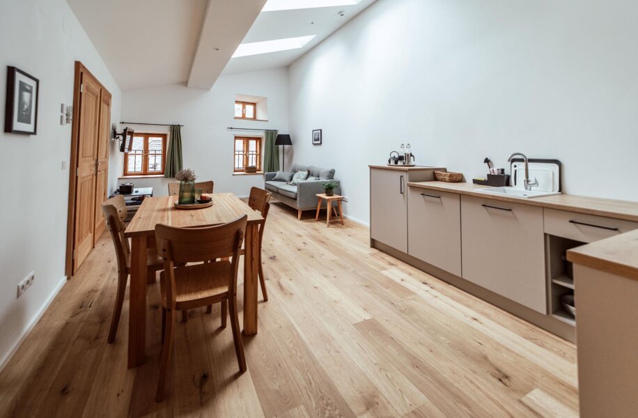 Wohnbereich in einem the salt-Apartment mit Esstisch, Sofa und moderner Küchenzeile.