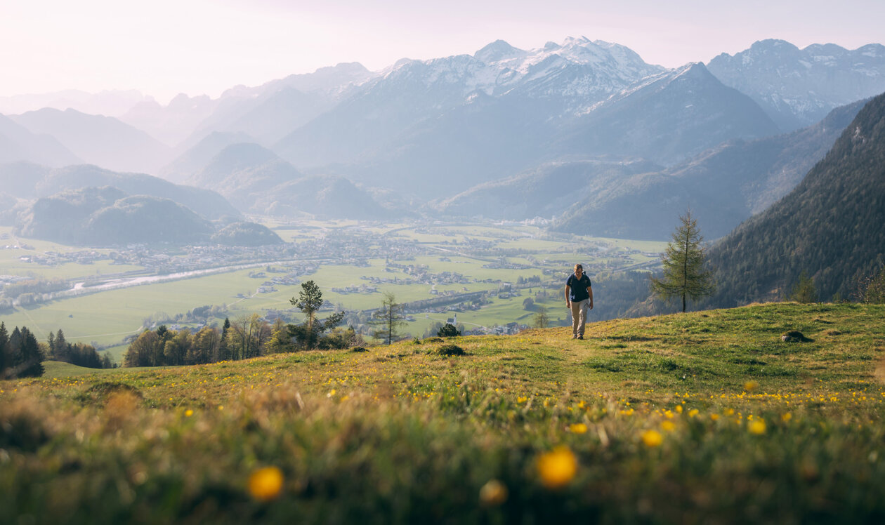 Ein Wanderer genießt den Ausblick auf ein malerisches Tal mit blühenden Wiesen und majestätischen Bergen im Hintergrund.