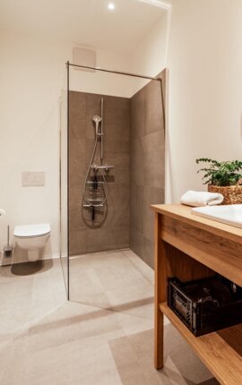 Modernes Badezimmer mit begehbarer Dusche, hölzernem Waschtisch, großem Spiegel und dekorativer Pflanze. Minimalistisches, helles Design.