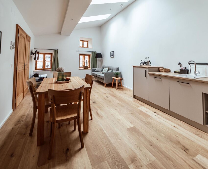 Wohnbereich in einem the salt-Apartment mit Esstisch, Sofa und moderner Küchenzeile.