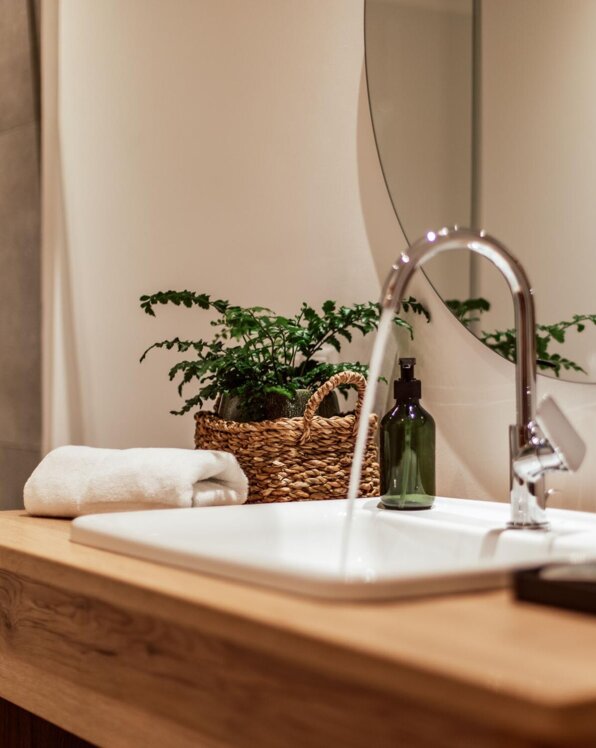 Edles Badezimmer mit Waschbecken, Pflanzenkorb und Spiegel in einem der Zimmer im the salt Hallein.