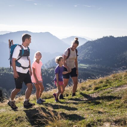 Eine Familie wandert auf einem sonnigen Bergpfad mit malerischer Aussicht.