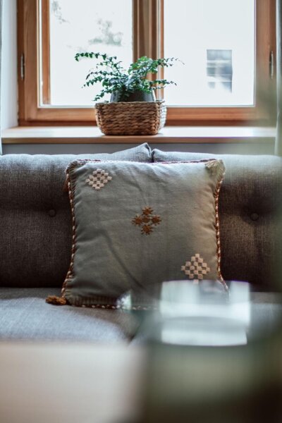 Cozy living room with a gray sofa, decorative pillows, and a potted plant on the window sill, creating a warm and inviting atmosphere.