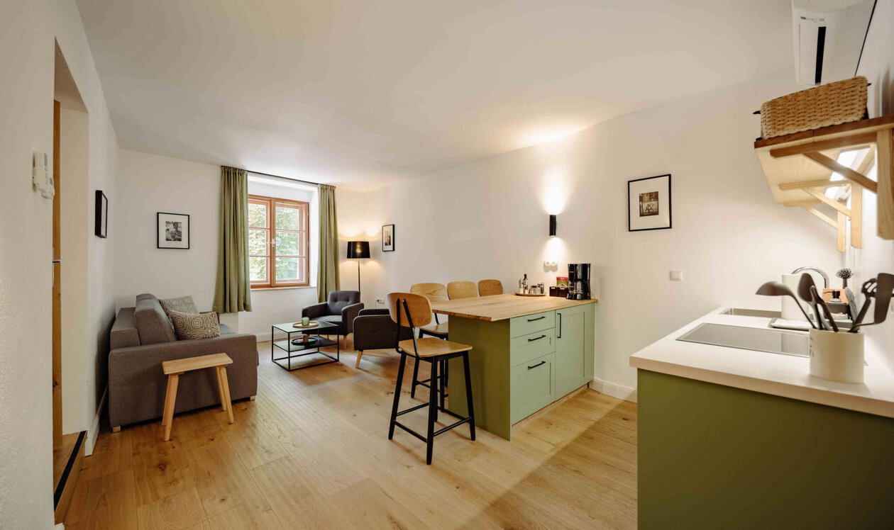 Gemütliches, stilvolles Apartment in Salzburg mit offener Küche, Esstheke, Sofa und Sesseln. Helle Holzböden und große Fenster bieten einladende Atmosphäre.