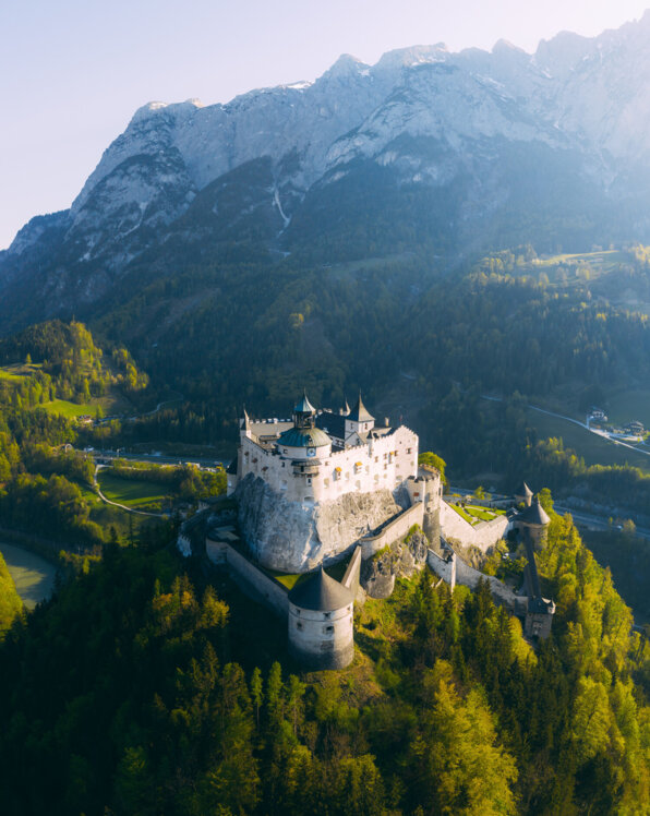 Aerial view of a historic castle surrounded by lush greenery and mountains in the background under a clear sky.