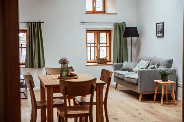 Gemütlicher Wohnbereich in einem Apartment von the salt Hallein in Salzburg mit Holztisch, grauem Sofa und grünen Vorhängen.