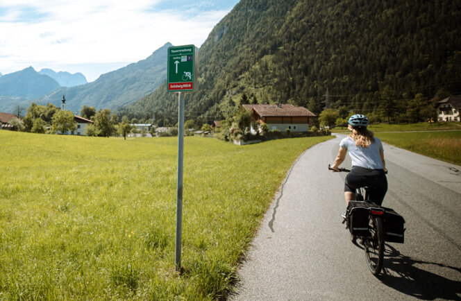 Eine Frau radelt auf einem malerischen Radweg durch eine grüne Landschaft mit Bergen im Hintergrund, bei sonnigem Wetter.
