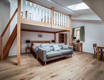 Gemütliches Loft-Apartment mit Holzinterieur, Schlafbereich auf Galerie, Sofa, Esstisch, Schreibtisch und Dachfenster für viel Tageslicht.