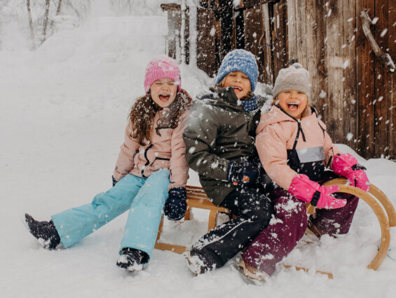 Drei Kinder auf einem Schlitten im Schnee vor einer Holzhütte, lachend und warm angezogen, erleben eine fröhliche Winterzeit.