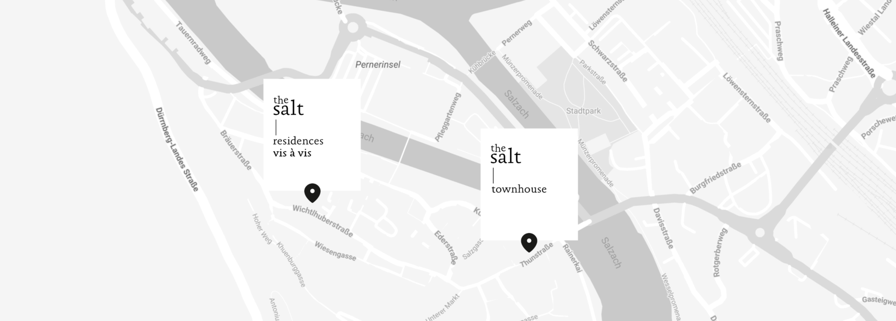 Karte mit Standorten der "the salt" residences, vis à vis und townhouse in Hallein, Österreich.