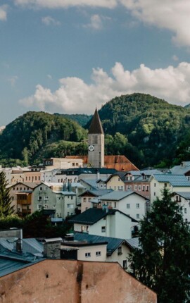Blick auf die malerische Stadt Hallein mit historischen Gebäuden und bewaldeten Hügeln im Hintergrund.